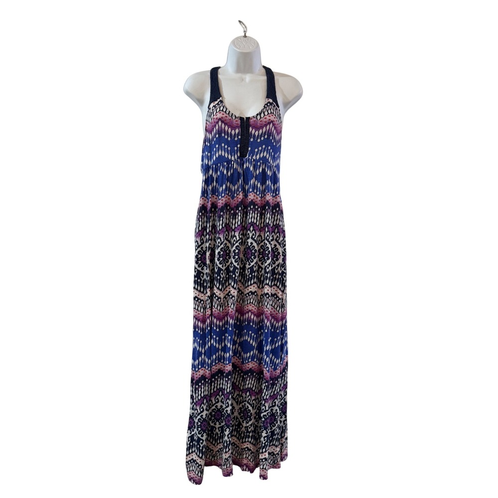Boho Lucky Brand Cotton Blend Blue Purple Geometric Racerback Maxi Dress Large - Picture 3 of 10